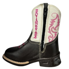 Bota Texana Infantil Aragoni Feminina Couro Fóssil Café C/ Marfim C/ Zíper E Bordado Boiadeira Em Rosa C/ LED Ref:A006L