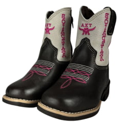 Bota Texana Infantil Aragoni Feminina Couro Fóssil Café C/ Marfim C/ Zíper E Bordado Boiadeira Em Rosa C/ LED Ref:A006L