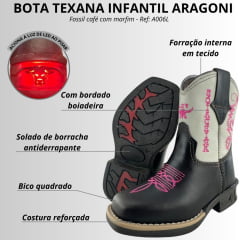 Bota Texana Infantil Aragoni Feminina Couro Fóssil Café/Marfim Com Zíper E Bordado Boiadeira Em Rosa Com LED Ref:A006L