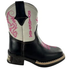 Bota Texana Infantil Aragoni Feminina Couro Fóssil Café/Marfim Com Zíper E Bordado Boiadeira Em Rosa Com LED Ref:A006L