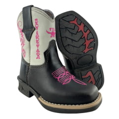 Bota Texana Infantil Aragoni Feminina Couro Fóssil Café/Marfim Com Zíper E Bordado Boiadeira Em Rosa Com LED Ref:A006L