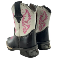Bota Texana Infantil Aragoni Feminina Couro Fóssil Café/Marfim Com Zíper E Bordado Boiadeira Em Rosa Com LED Ref:A006L