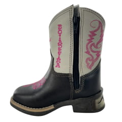 Bota Texana Infantil Aragoni Feminina Couro Fóssil Café/Marfim Com Zíper E Bordado Boiadeira Em Rosa Com LED Ref:A006L