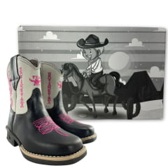 Bota Texana Infantil Aragoni Feminina Couro Fóssil Café/Marfim Com Zíper E Bordado Boiadeira Em Rosa Com LED Ref:A006L