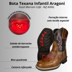 Bota Texana Infantil Aragoni Feminina Couro Fóssil Pinhão Café Bordado Branco E Rosa C/ Zíper Solado Marrom LED RefA006L