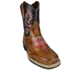 Bota Texana Infantil Aragoni Feminina Couro Fóssil Pinhão Café Bordado Branco E Rosa C/ Zíper Solado Marrom LED RefA006L