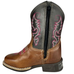 Bota Texana Infantil Aragoni Feminina Couro Fóssil Pinhão Café Bordado Branco E Rosa C/ Zíper Solado Marrom LED RefA006L