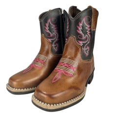 Bota Texana Infantil Aragoni Feminina Couro Fóssil Pinhão Café Bordado Branco E Rosa C/ Zíper Solado Marrom LED RefA006L