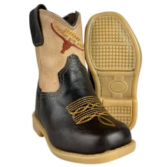 Bota Texana Infantil Baby Aragoni Bico Quadrado Couro Fóssil Café Com Marfim Bordado Marrom E Amarelo Ref:A020