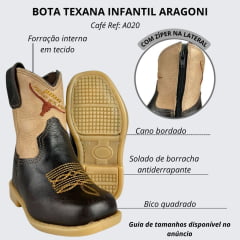 Bota Texana Infantil Baby Aragoni Bico Quadrado Couro Fóssil Café Com Marfim Bordado Marrom E Amarelo Ref:A020