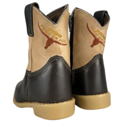 Bota Texana Infantil Baby Aragoni Bico Quadrado Couro Fóssil Café Com Marfim Bordado Marrom E Amarelo Ref:A020