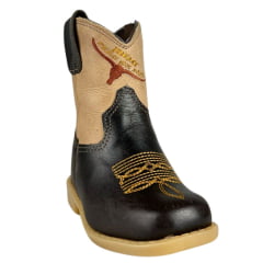 Bota Texana Infantil Baby Aragoni Bico Quadrado Couro Fóssil Café Com Marfim Bordado Marrom E Amarelo Ref:A020