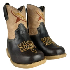 Bota Texana Infantil Baby Aragoni Bico Quadrado Couro Fóssil Café Com Marfim Bordado Marrom E Amarelo Ref:A020