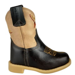 Bota Texana Infantil Baby Aragoni Bico Quadrado Couro Fóssil Café Com Marfim Bordado Marrom E Amarelo Ref:A020
