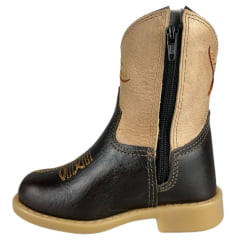 Bota Texana Infantil Baby Aragoni Bico Quadrado Couro Fóssil Café Com Marfim Bordado Marrom E Amarelo Ref:A020