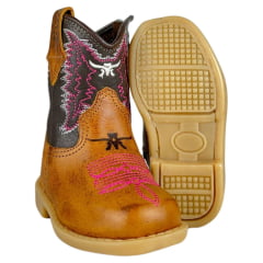 Bota Texana Infantil Baby Aragoni Bico Quadrado Couro Fóssil Pinhão C/ Café Bordado Branco E Rosa Ref:A021
