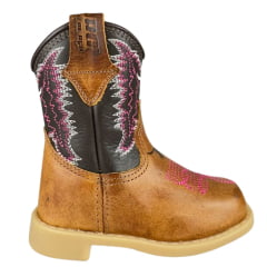 Bota Texana Infantil Baby Aragoni Bico Quadrado Couro Fóssil Pinhão C/ Café Bordado Branco E Rosa Ref:A021
