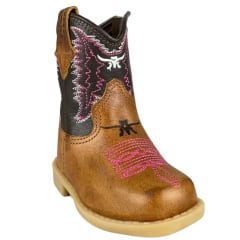 Bota Texana Infantil Baby Aragoni Bico Quadrado Couro Fóssil Pinhão C/ Café Bordado Branco E Rosa Ref:A021