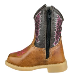 Bota Texana Infantil Baby Aragoni Bico Quadrado Couro Fóssil Pinhão C/ Café Bordado Branco E Rosa Ref:A021