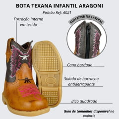 Bota Texana Infantil Baby Aragoni Bico Quadrado Couro Fóssil Pinhão C/ Café Bordado Branco E Rosa Ref:A021