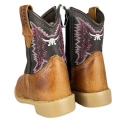 Bota Texana Infantil Baby Aragoni Bico Quadrado Couro Fóssil Pinhão C/ Café Bordado Branco E Rosa Ref:A021