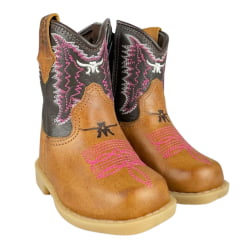 Bota Texana Infantil Baby Aragoni Bico Quadrado Couro Fóssil Pinhão C/ Café Bordado Branco E Rosa Ref:A021