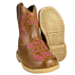 Bota Texana Infantil Baby Aragoni Bico Quadrado Couro Fóssil Pinhão Com Bordado Rosa Ref:A023