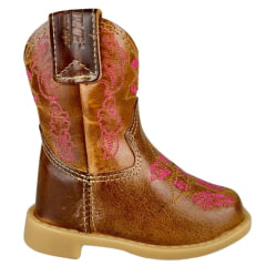 Bota Texana Infantil Baby Aragoni Bico Quadrado Couro Fóssil Pinhão Com Bordado Rosa Ref:A023