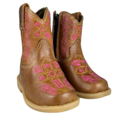 Bota Texana Infantil Baby Aragoni Bico Quadrado Couro Fóssil Pinhão Com Bordado Rosa Ref:A023