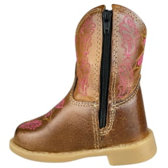 Bota Texana Infantil Baby Aragoni Bico Quadrado Couro Fóssil Pinhão Com Bordado Rosa Ref:A023