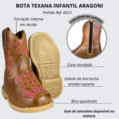 Bota Texana Infantil Baby Aragoni Bico Quadrado Couro Fóssil Pinhão Com Bordado Rosa Ref:A023
