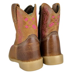 Bota Texana Infantil Baby Aragoni Bico Quadrado Couro Fóssil Pinhão Com Bordado Rosa Ref:A023