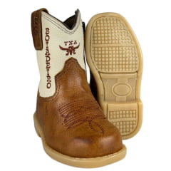 Bota Texana Infantil Baby Aragoni Bico Quadrado Couro Fóssil Pinhão Com Marfim Bordado Boiadeiro Ref:A046