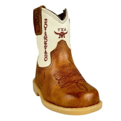 Bota Texana Infantil Baby Aragoni Bico Quadrado Couro Fóssil Pinhão Com Marfim Bordado Boiadeiro Ref:A046