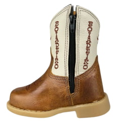 Bota Texana Infantil Baby Aragoni Bico Quadrado Couro Fóssil Pinhão Com Marfim Bordado Boiadeiro Ref:A046