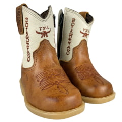 Bota Texana Infantil Baby Aragoni Bico Quadrado Couro Fóssil Pinhão Com Marfim Bordado Boiadeiro Ref:A046