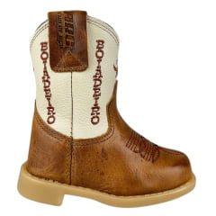 Bota Texana Infantil Baby Aragoni Bico Quadrado Couro Fóssil Pinhão Com Marfim Bordado Boiadeiro Ref:A046