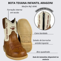 Bota Texana Infantil Baby Aragoni Bico Quadrado Couro Fóssil Pinhão Com Marfim Bordado Boiadeiro Ref:A046