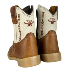 Bota Texana Infantil Baby Aragoni Bico Quadrado Couro Fóssil Pinhão Com Marfim Bordado Boiadeiro Ref:A046