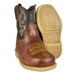 Bota Texana Infantil Baby Aragoni Bico Quadrado Couro Fóssil Pinhão Sella Café Com Bordado Branco E Amarelo Ref:A006
