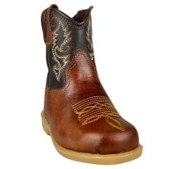 Bota Texana Infantil Baby Aragoni Bico Quadrado Couro Fóssil Pinhão Sella Café Com Bordado Branco E Amarelo Ref:A006