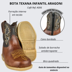 Bota Texana Infantil Baby Aragoni Bico Quadrado Couro Fóssil Pinhão Sella Café Com Bordado Branco E Amarelo Ref:A006