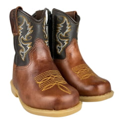 Bota Texana Infantil Baby Aragoni Bico Quadrado Couro Fóssil Pinhão Sella Café Com Bordado Branco E Amarelo Ref:A006