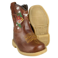 Bota Texana Infantil Baby Aragoni Bico Quadrado Couro Fóssil Sella Com Bordado Flores Ref:A050