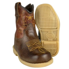 Bota Texana Infantil Baby Aragoni Bico Quadrado Couro Fóssil Tabaco Com Sella Bordado Amarelo Ref:A031