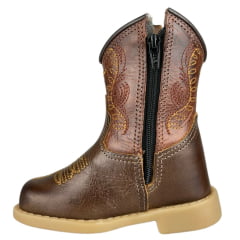 Bota Texana Infantil Baby Aragoni Bico Quadrado Couro Fóssil Tabaco Com Sella Bordado Amarelo Ref:A031