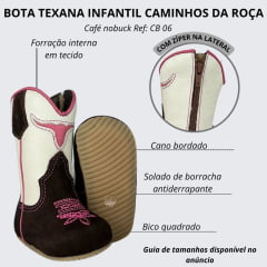 Bota Texana Infantil Baby Caminhos Da Roça Couro Nobuck Café Cano Cru E Bordado Pink Ref:CB 06