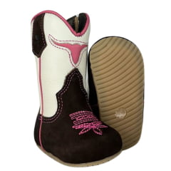 Bota Texana Infantil Baby Caminhos Da Roça Couro Nobuck Café Cano Cru E Bordado Pink Ref:CB 06