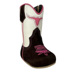 Bota Texana Infantil Baby Caminhos Da Roça Couro Nobuck Café Cano Cru E Bordado Pink Ref:CB 06