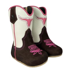 Bota Texana Infantil Baby Caminhos Da Roça Couro Nobuck Café Cano Cru E Bordado Pink Ref:CB 06